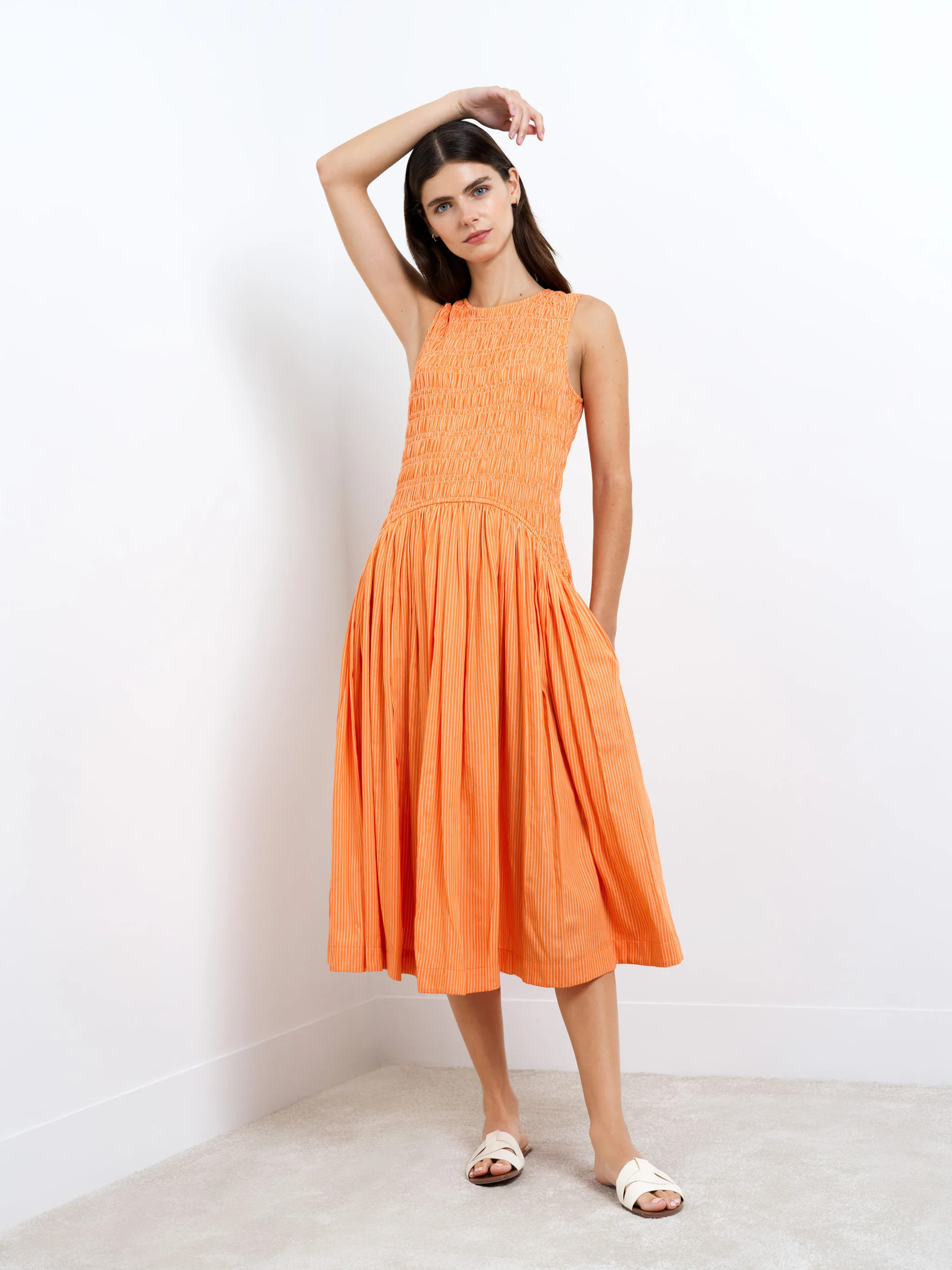 Alexis Cotton Striped Smocked Orange Midi Dress | French Connection (UK)