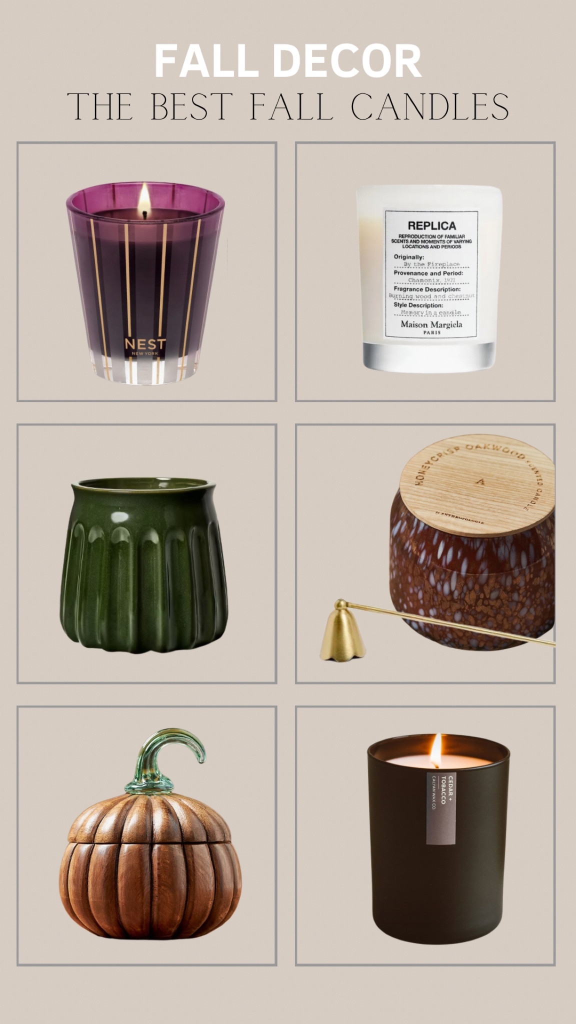 The best fall candles for their beautiful vessels and aroma… not too overwhelming with scents of fall - pumpkin, fig, birch, apple, firewood, cedar, tobacco, and bourbon.

#LTKSeasonal #LTKFindsUnder50 #LTKHome