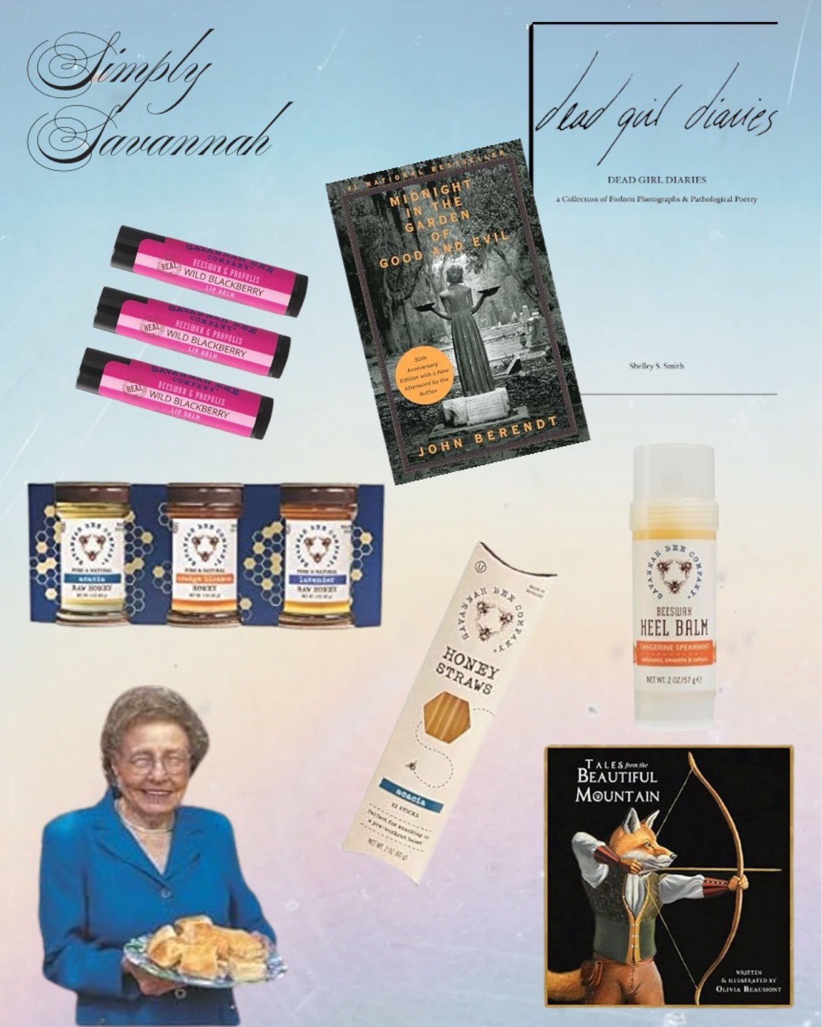 Simply Savannah!
This collection of items straight from Savannah, GA includes several books: Midnight in the Garden of Good and Evil, Dead Girl Diaries (which features the viral image of the “Stairs of Death”), Tales from the Beautiful Mountain - a story book with stunning drawings, and Mrs. Wilkes’ Cookbook. 
Also included in this collection is a variety of items from the Savannah Bee Company  

#LTKFamily #LTKTravel #LTKFindsUnder50