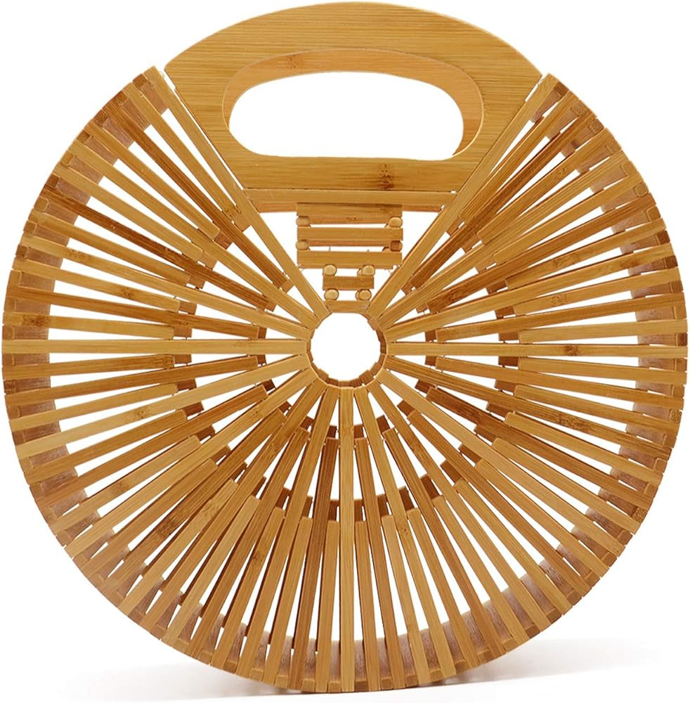 Women Bamboo Top-Handle Handbags Round Straw Beach Tote Bag | Amazon (US)