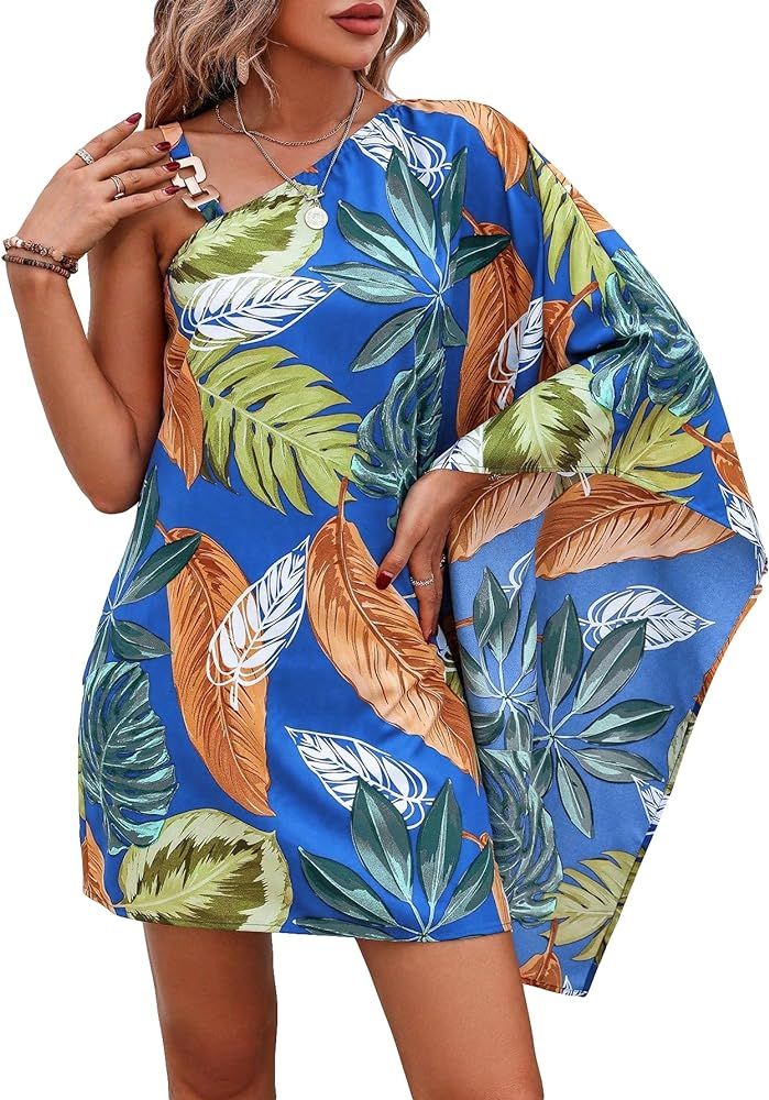 WDIRARA Women's Tropical Print Chain Detail Boho Dress Asymmetrical Neck Half Sleeve Mini Dress | Amazon (US)