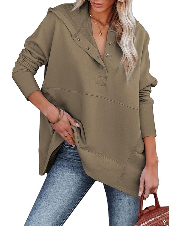 EVALESS Womens Oversized Long Sleeve Hoodies Casual Loose Button Sweatshirts with Pockets | Amazon (US)