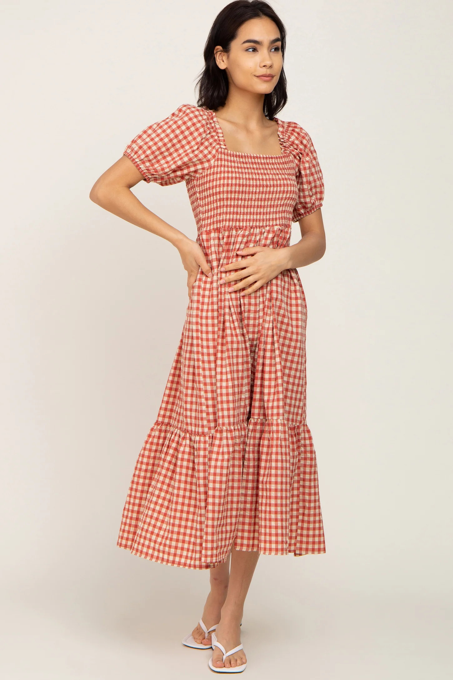 Rust Gingham Smocked Midi Dress | PinkBlush Maternity