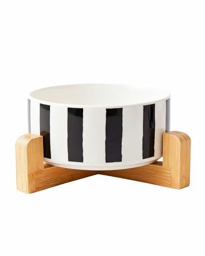 TRUVIC Ceramic Dog Bowl with Wood Stand, Black and White Checkered & Striped Dog Food and Water Bowl, 2 Cup/14 oz Elevated Puppy Food Bowl for Medium Dogs, Dishwasher Safe, Modern Geometric, Striped | Amazon (US)