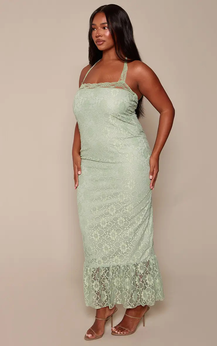 Sage Green Plus Sage Green Lace Strappy Maxi Dress | PrettyLittleThing USA | PrettyLittleThing US