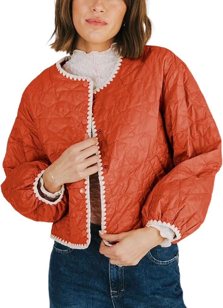 Women's Fall Jacket Lightweight Long Sleeve Cardigan Button Coat Outerwear Clothes Short Padded C... | Amazon (US)