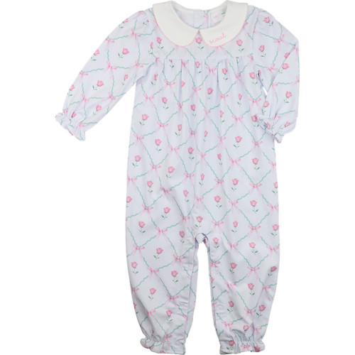 Pink And Green Knit Rosebud Bow Long Bubble | Cecil and Lou