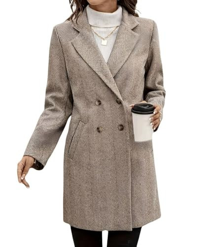 chouyatou Women's Herringbone Wool Pea Coat Double Breasted Notched Lapel Mid Long Blazer Jacket Outerwear Overcoat (Small, Khaki) | Amazon (US)
