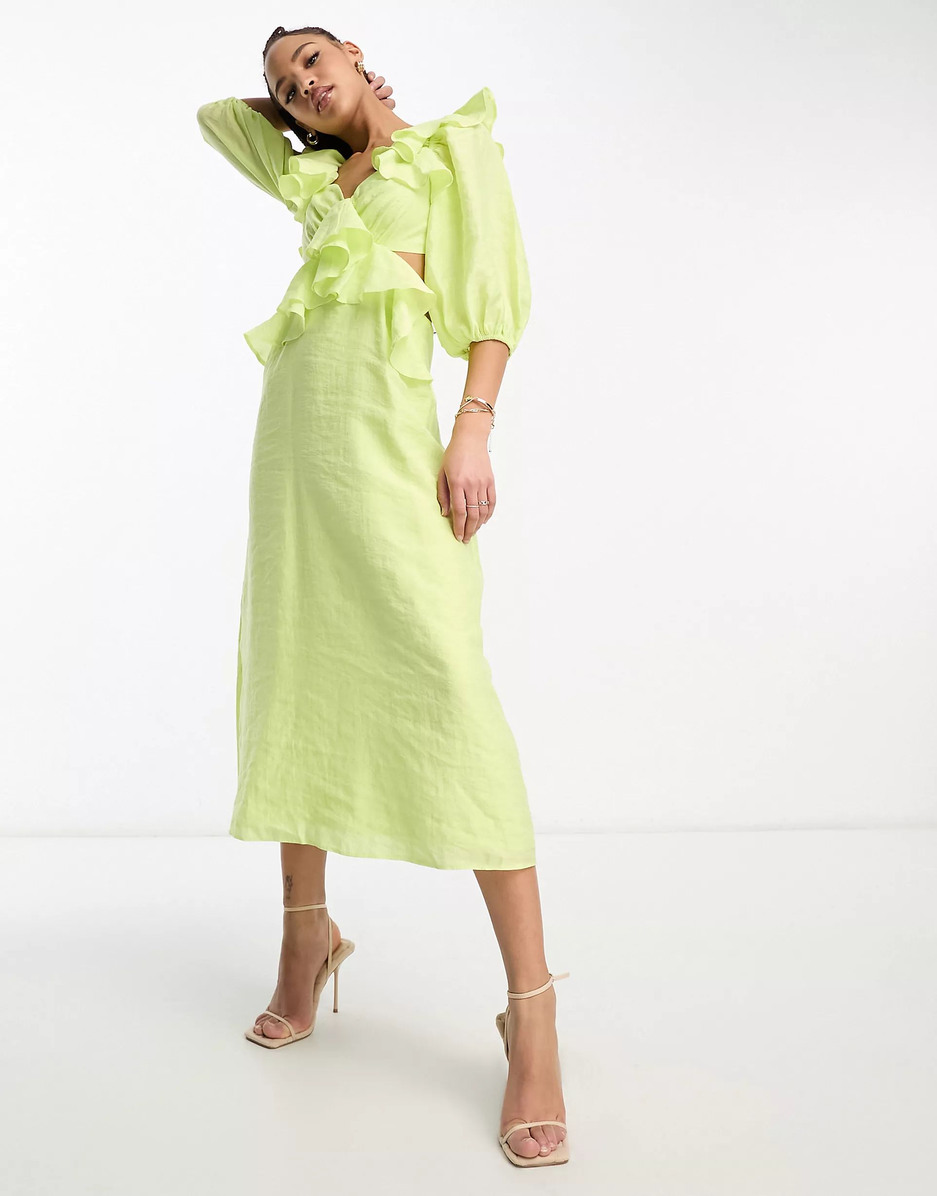Nobody's Child Dani puff sleeve cut out midaxi dress in lime | ASOS (Global)