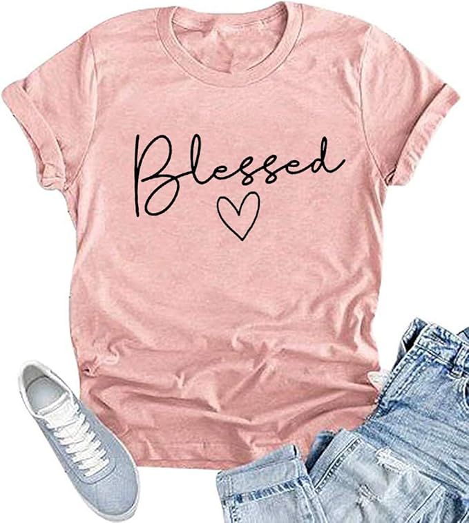 Women Blessed Mama T-Shirt Blessed Mom Shirts Blessed Love Heart Mother Top Tee | Amazon (US)