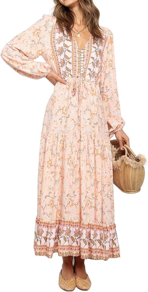R.Vivimos Women's Long Sleeve Cotton V-Neck Button Up Floral Print Boho Flowy Midi Dresses | Amazon (US)