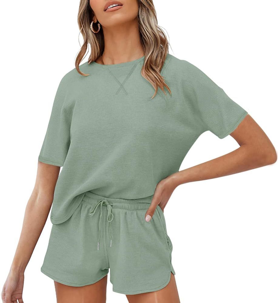 Women's Waffle Knit Pajama Set Short Sleeve Top and Shorts Loungewear Athletic Tracksuits with Po... | Amazon (US)