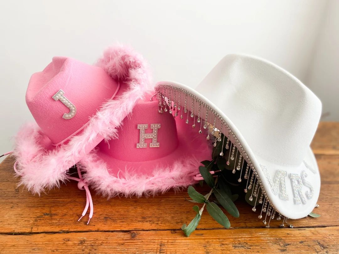 Hen Party Cowboy Hats Bride to Be, Bridal Party, Bachelorette Pink Black or White Fluffy Diamant... | Etsy (US)