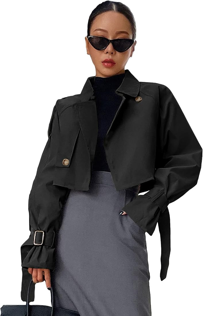 Verdusa Women's Button Front Buckle Raglan Sleeve Crop Jacket Trench Coat | Amazon (US)