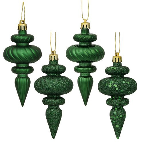 Vickerman 4" 4-Finish Finial Ornament, Shatterproof Plastic Christmas Tree Decoration, 8 Pack, Emerald Shiny, Matte, Glitter and Sequin Finishes | Amazon (US)