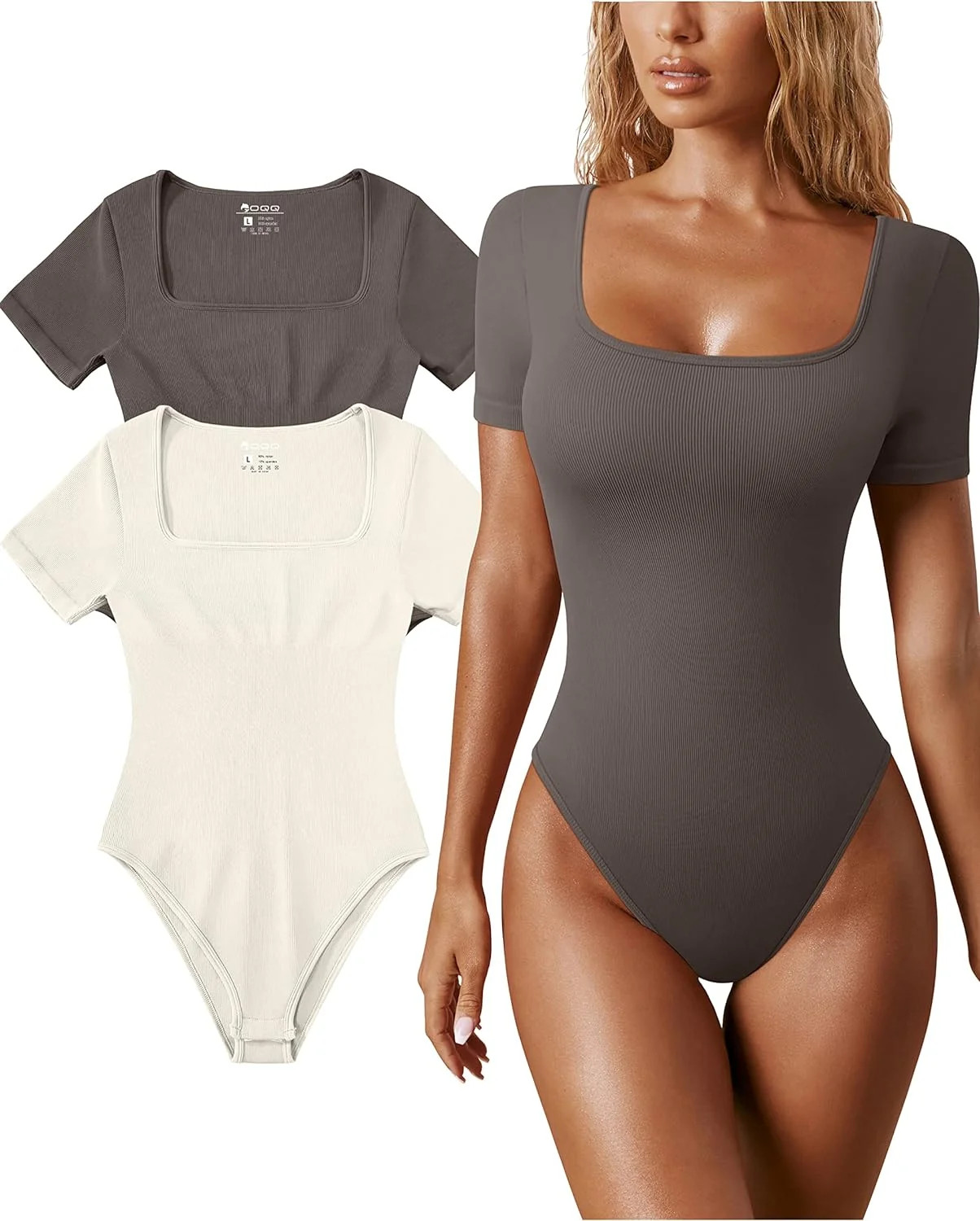 Women's 2 Piece Bodysuits Sexy Ribbed One Piece Square Neck Short Sleeve Bodysuits | Walmart (US)