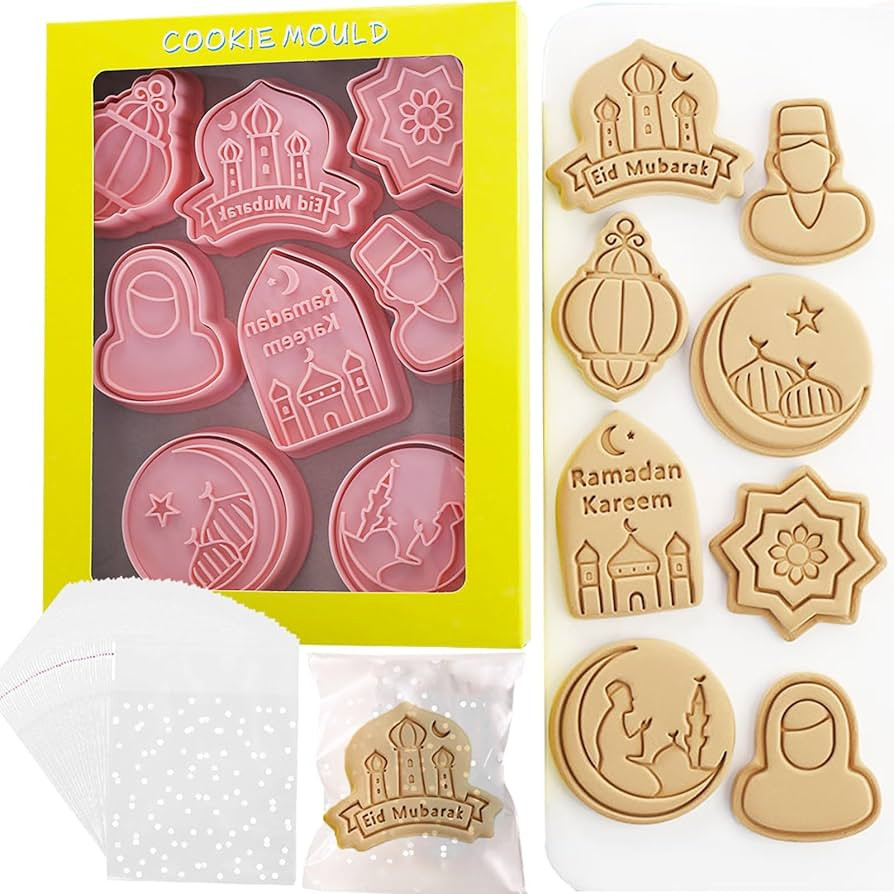 Eid Mubarak Cookie Cutters Set, 8Pcs Plastic Stamps and 100Pcs Clear Bags, 3D Cookie Stamps for R... | Amazon (US)