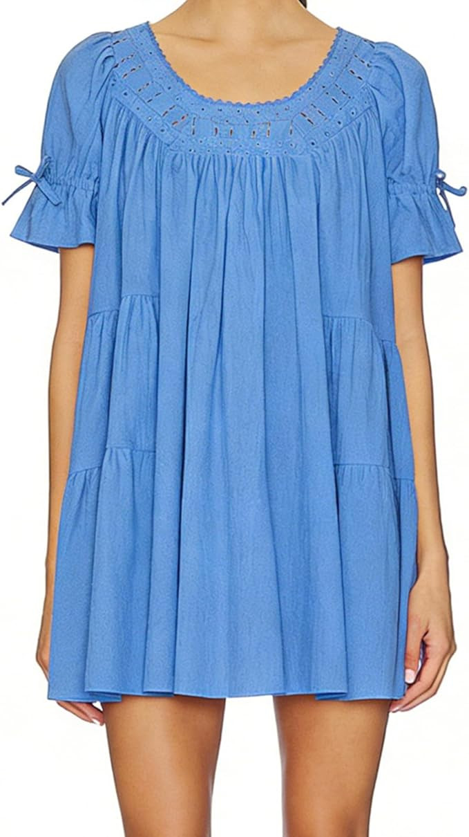 Women Puff Sleeve Babydoll Mini Dress Y2K Lace Trim Ruffle Flowy Dresses Summer Loose Swing Going... | Amazon (US)