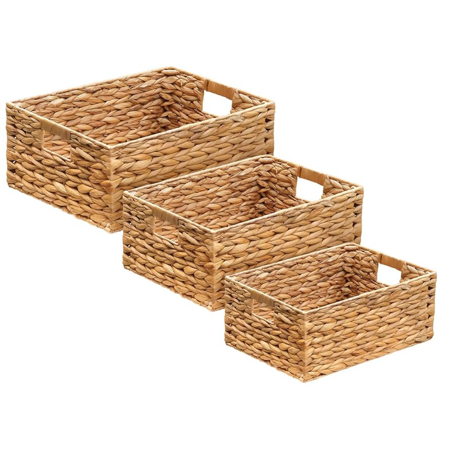 3 Pack Natural Water Hyacinth storage basket with Handle, Rectangular Wicker Basket for Organizin... | Amazon (US)