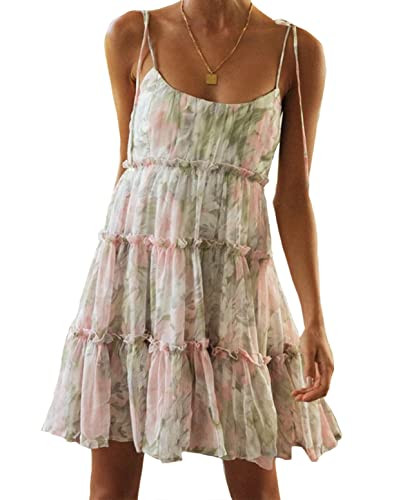 Mansy Womens 2026 Summer Floral Mini Dress Boho Flowy Skater Dresses Short Sleeveless Ruffle Spaghetti Strap Dress Pink Green | Amazon (US)
