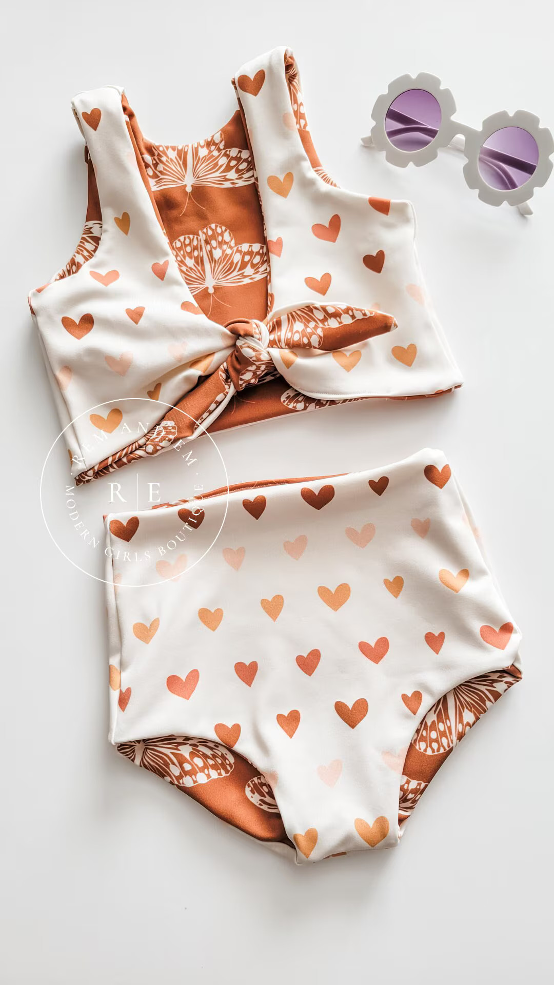 Boho Hearts and Monarch Butterflies Swimsuit, Girls Reversible Crop Top Swimsuit, High Waisted He... | Etsy (US)