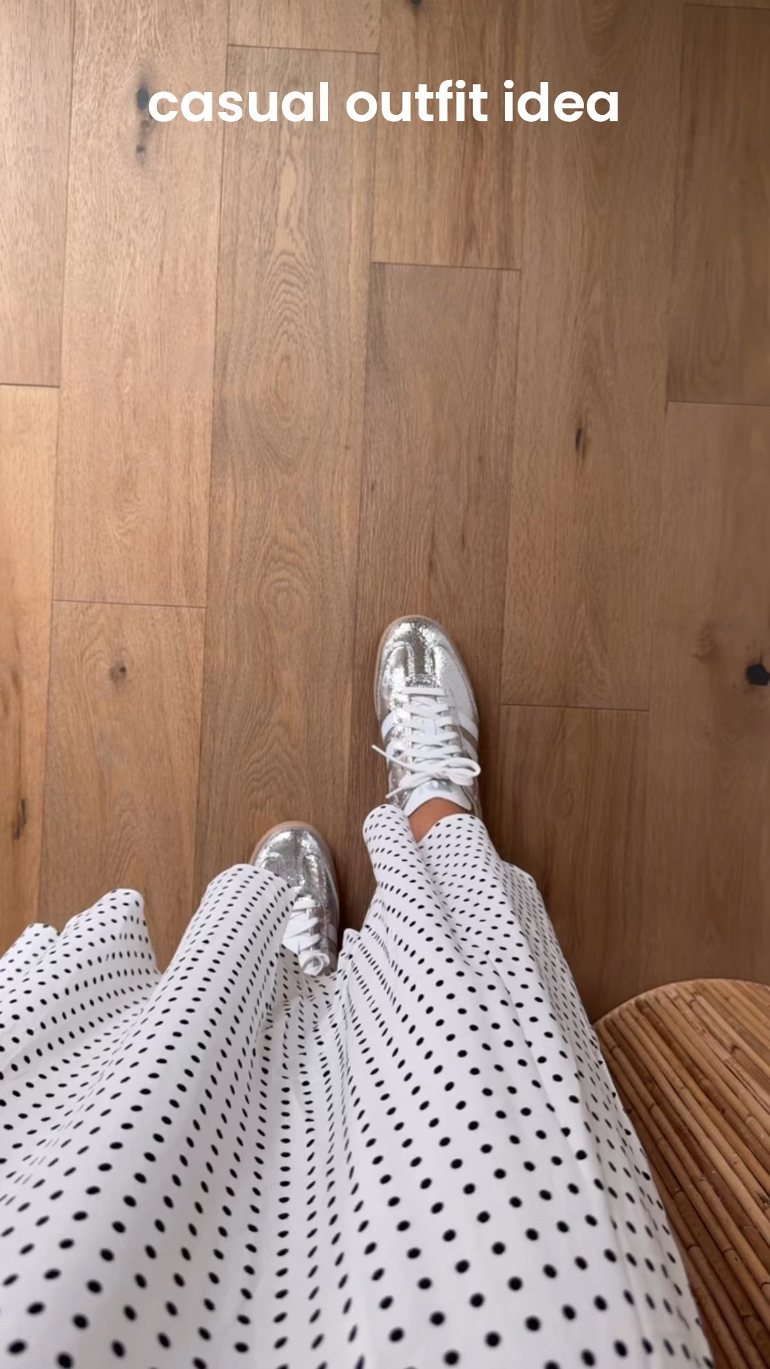 Casual Outfit Idea

Silver Samba sneakers
Polka dot midi skirt
Denim oversized shirt / jacket

#LTKOver40 #LTKStyleTip #LTKShoeCrush