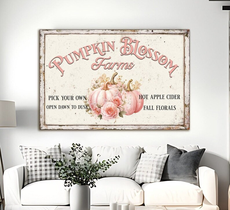 Pink Fall Decor, Pumpkin Blossom Farms Pastel Fall Sign, Pink Pumpkins, Large Canvas Wall Art, Fa... | Etsy (US)