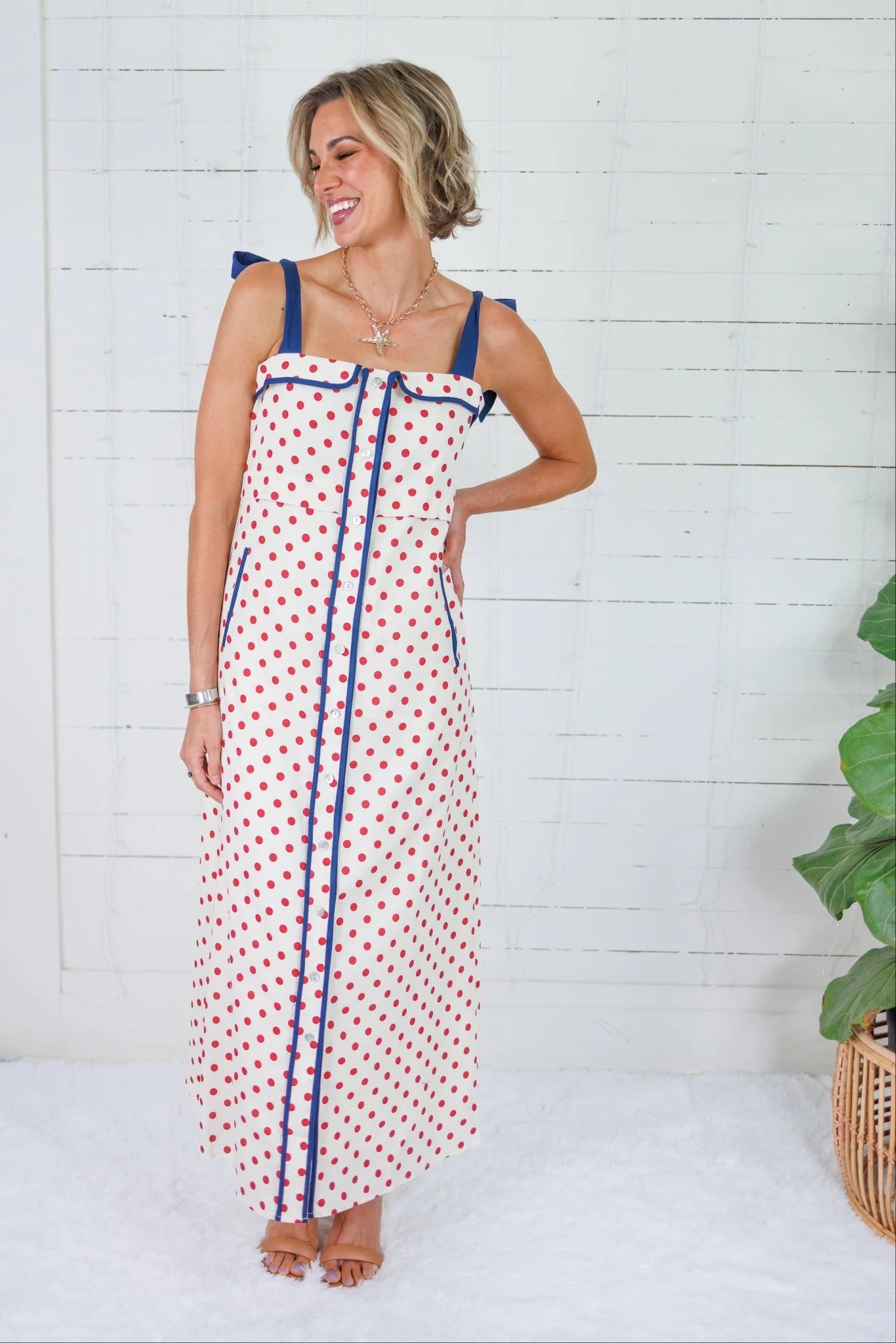 Hoyt Red Dot + Navy Trim Maxi Dress THML | Clover and Bee | Clover + Bee