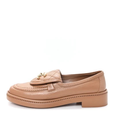 Crumpled Lambskin Quilted CC Turnlock Moccasins 35.5 Dark Beige | FASHIONPHILE (US)