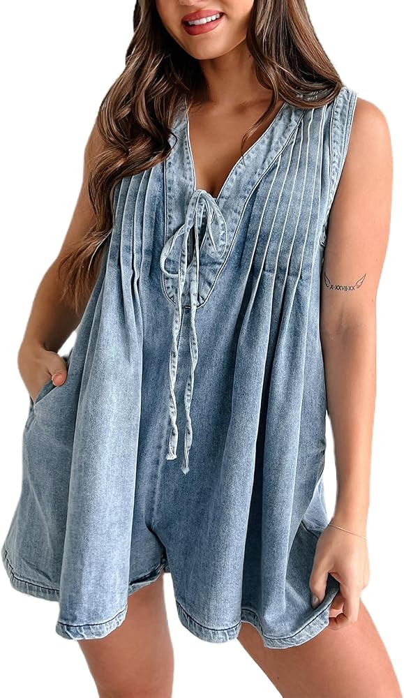 Mxiqqpltky Tie Front Denim Romper for Women Y2k Sleeveless V-neck Wide Leg Jean Romper Jumpsuit L... | Amazon (US)