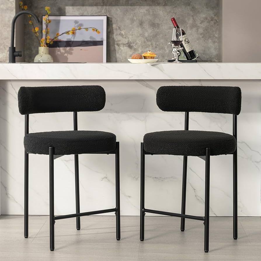 Locus Bono 24'' Boucle Counter Stools Set of 2,Black Bar Stools with Backs,Counter Height Bar Sto... | Amazon (US)