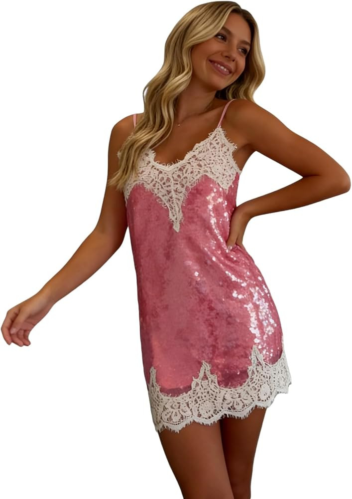 Summer Casual Sequin Mini Dresses for Women Sleeveless Spaghetti Strap Lace Patchwork V-Neck Shor... | Amazon (US)