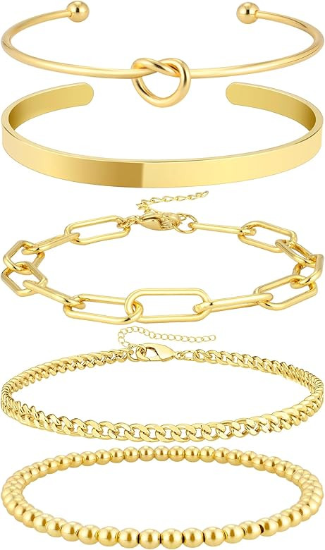 14K Gold Plated Bangle Cuff Bracelets Set for Women Trendy Dainty Gold Chain Bracelet Stack for W... | Amazon (US)