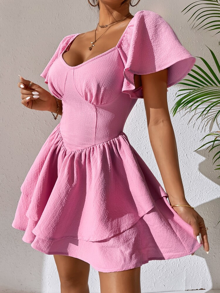 SHEIN PETITE Butterfly Sleeve Two Layer Hem Dress | SHEIN