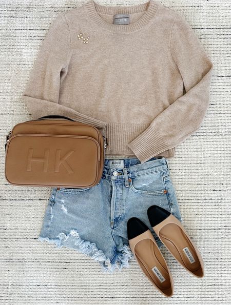 Spring outfit with cutoff jean shorts that I recommend getting a size smaller, shrunken cashmere sweater and flats for a chic look. Perfect for spring and early summer! Easy to throw on and a perfect weekend outfit 

#LTKSeasonal #LTKstyletip