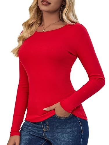 Red Long Sleeve T Shirt Women for Women Ribbed Fall Basic Trendy Stretchy Lightweight(Red X-Large) | Amazon (US)