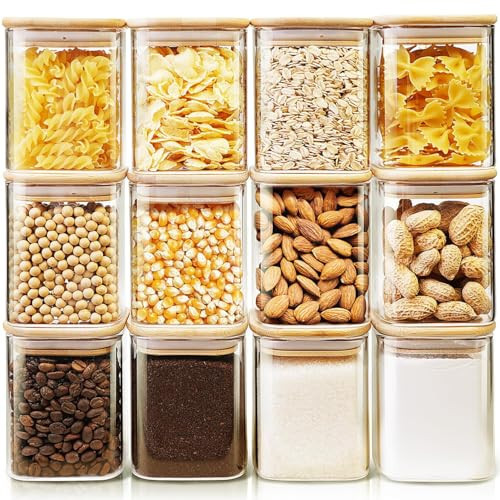 HomArtist Square Glass Jars with Bamboo Lids 17 FL OZ [Set of 12], Glass Canisters with Airtight Lids, Glass Food Storage Containers for Spice, Sugar, Tea, Candies, Cookies, Best for Kitchen & Pantry | Amazon (US)