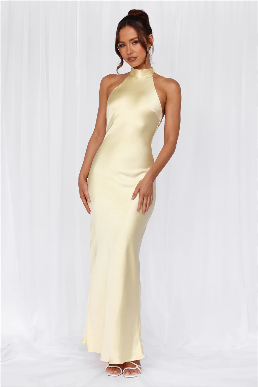 The Cleo Halter Satin Maxi Dress Yellow | Hello Molly (US)