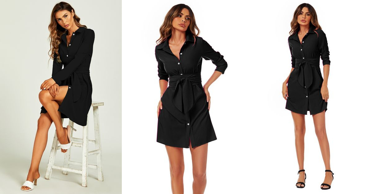 Long Sleeve Mini Shirt Dress With Belt Wraps Around The W... | FS Collection | SilkFred | SilkFred