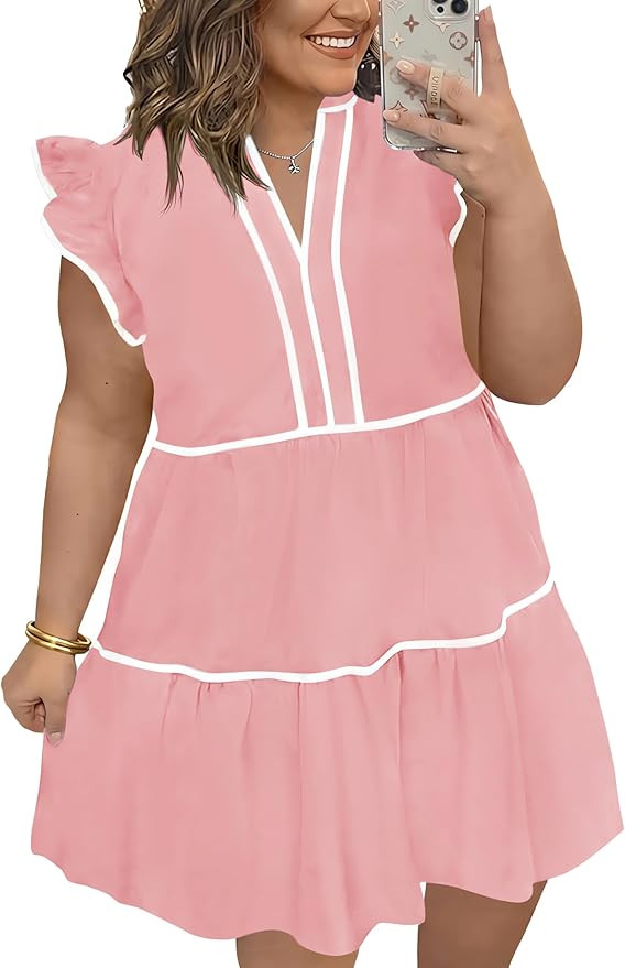 Beautife Womens Plus Size Dresses Summer Ruffle Short Sleeve V Neck Dress Casual A Line Babydoll ... | Amazon (US)