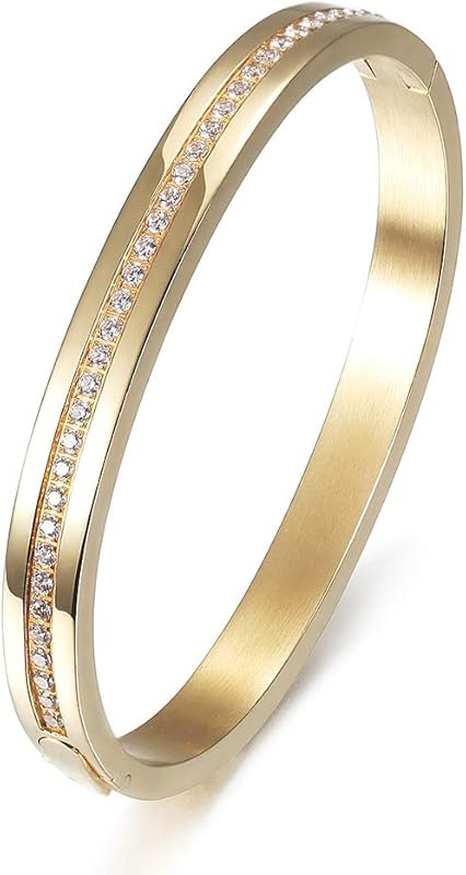 Cuff Bracelet with CZ for Women Stainless Steel Metal and Spring-Clasp Gold Silver Black Plated C... | Amazon (US)