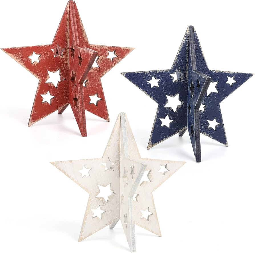 COCHIE 6 Inch Labor Day Decorations Wooden Stars Set, Vintage 3D Star Memorial Day Tiered Tray De... | Amazon (US)