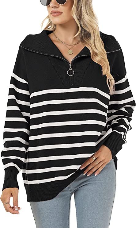 Women's Long Sleeve 1/4 Zip Pullover Sweaters Casual Striped Oversized V Neck Loose Slouchy Knit ... | Amazon (US)