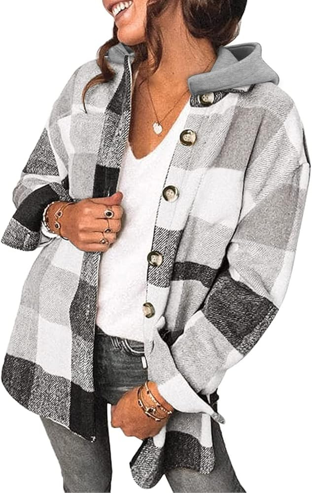 SHEWIN Womens Long Sleeve Button Down Plaid Shirts Flannel Hooded Shacket Jacket Hoodie Coats | Amazon (US)