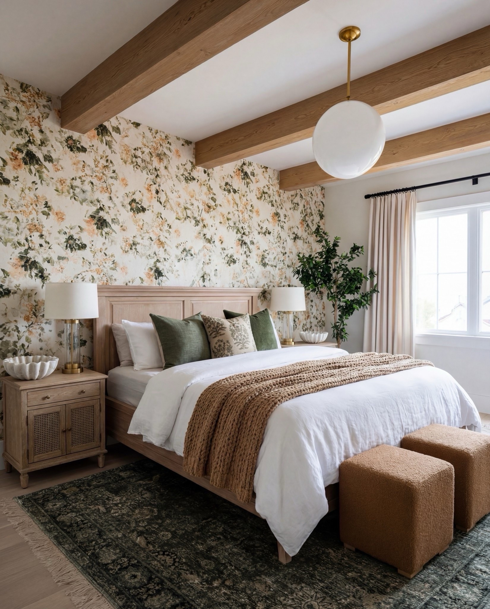 Shop the Look: Bedroom Refresh 
• Light oak panel bed
• Cream + green accent pillows
• Warm chunky knit throw
• Textured caramel cube ottomans
• Brass bedside lamps
• Fluted natural wood nightstands
• Green vintage-style rug
• Large white globe ceiling light
• Soft neutral pinch-pleat curtains
• Botanical floral wallpaper with soft gold + sage undertones
@Wayfair 

#LTKHome #LTKSaleAlert