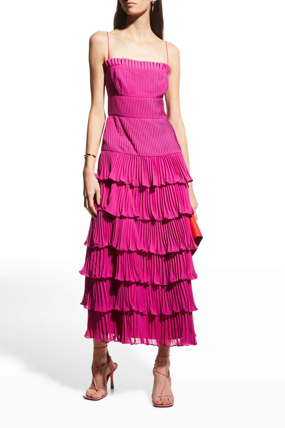 Viola Midi Pleated Ruffle Dress | Neiman Marcus