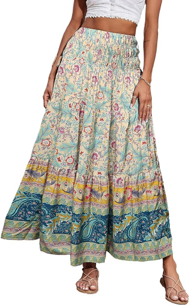 CFLONGE Women's 2025 Bohemian Long Skirts Flowy High Waist A Line Maxi Skirts for Women Summer Pl... | Amazon (US)