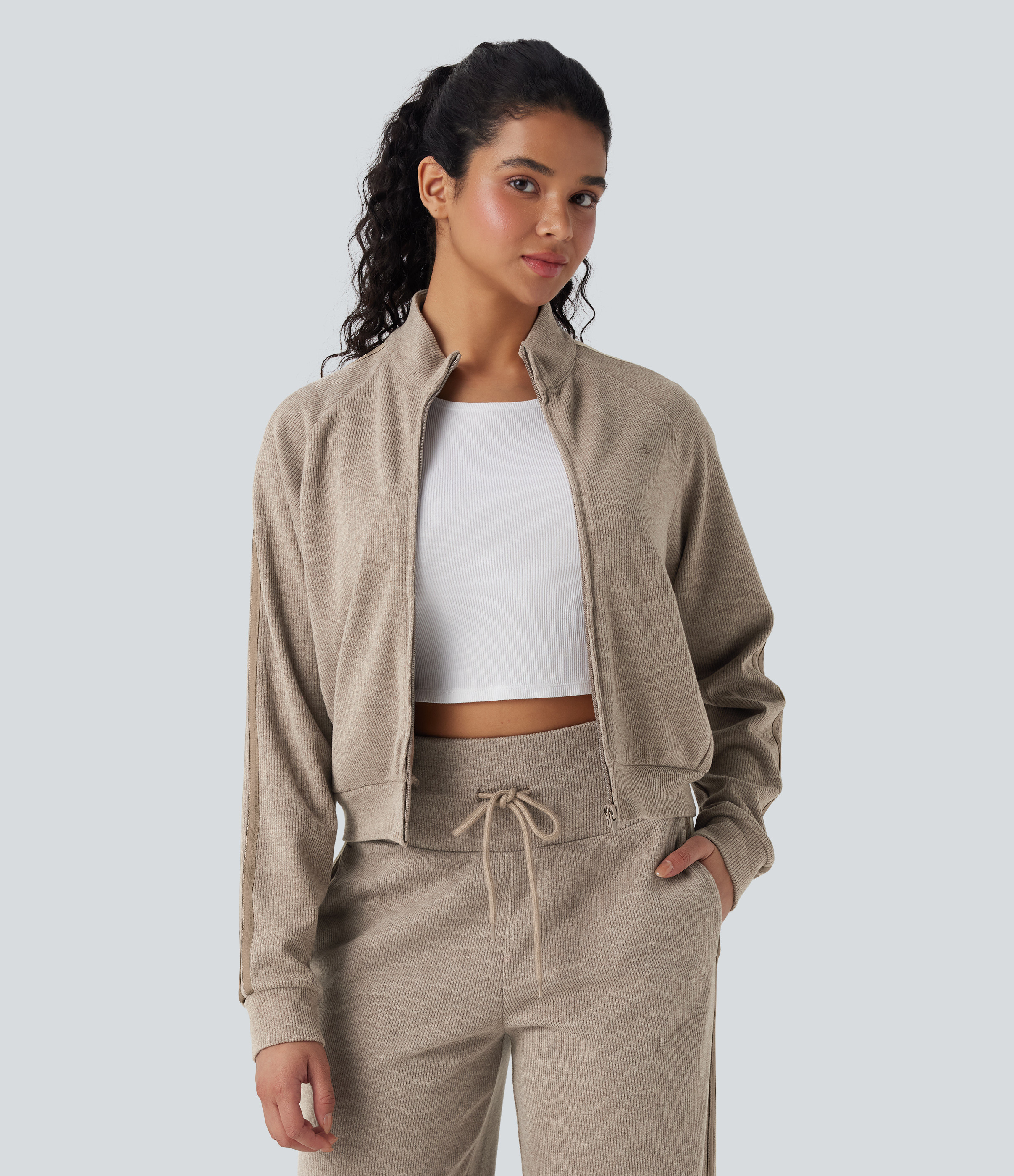 Halara Ribbed Stand Collar Long Sleeve Zipper Color Block Casual Jacket with Pockets - Oatstone Beige - S | HALARA