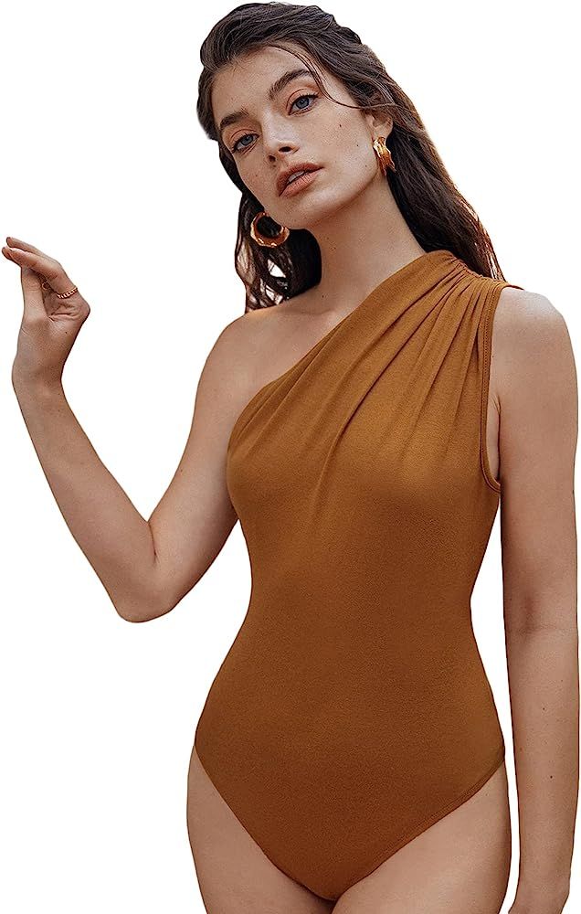Milumia Women's Ruched One Shoulder Asymmetrical Neck Sleeveless Solid Bodysuit Top | Amazon (US)