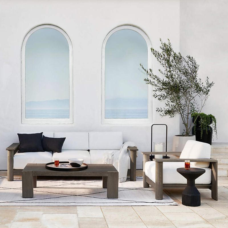 Outdoor Furniture Set: Ashore Sofa, Chair, Coffee Table and Granada Garden Stool | Crate & Barrel | Crate & Barrel